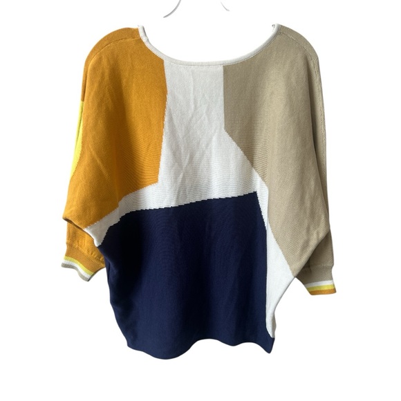 NWT SKFK Naike Multicolor Blue Cream Gold Batwing Cotton Sweater Medium Reg $109 - Picture 7 of 12